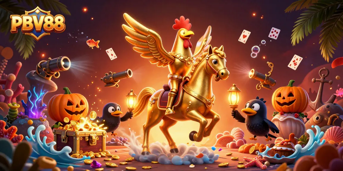 Experience the thrill of PBV88 with a golden rooster riding a spectral horse in a vibrant casino scene.