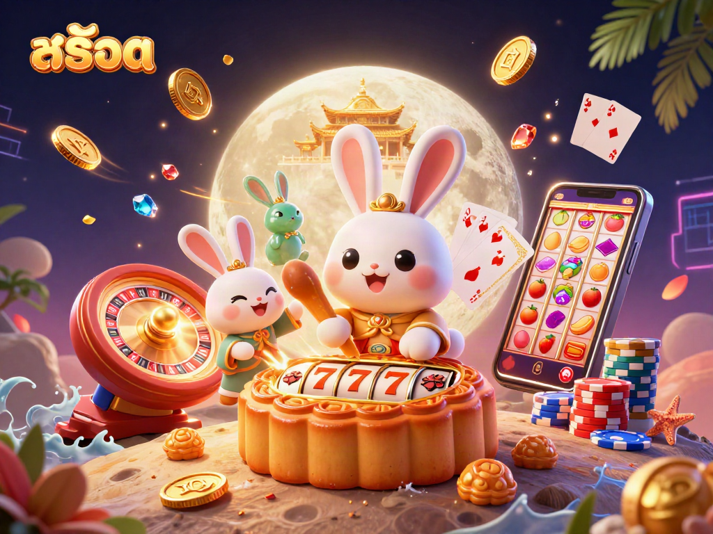 Play สล็อต winning slot machines featuring lucky symbols, vibrant 3D casino illustration.