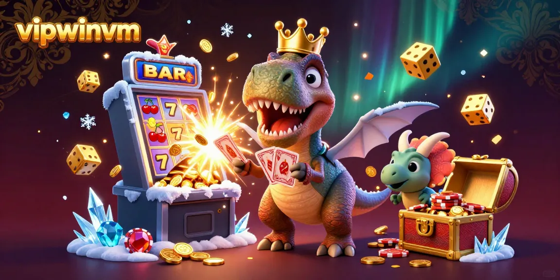 Win big at vipwinvm with an exciting 3D cartoon casino scene featuring dinosaurs at play!