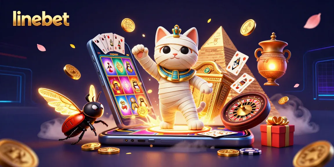 Experience thrilling gaming action at linebet with an Egyptian mummy cat and a scarab beetle amidst vibrant casino elements.