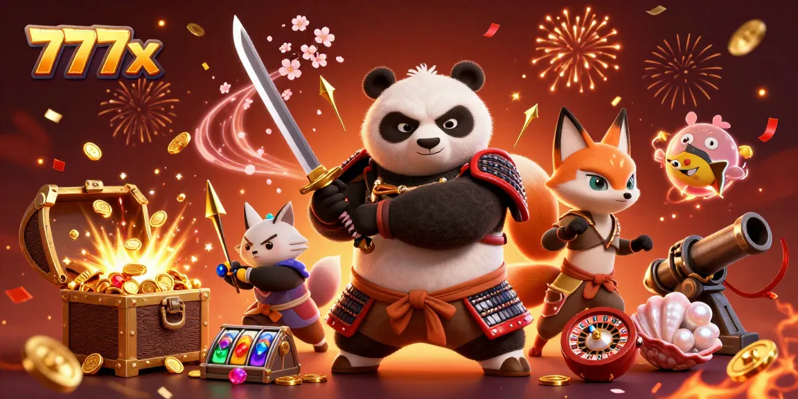 Experience the excitement of 777x casino games as a samurai panda, ninja fox, and spirit tanuki celebrate with dynamic visuals.