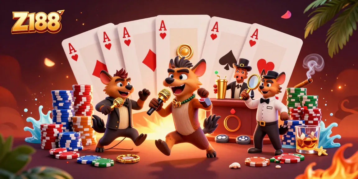 Experience the dynamic Z188 comedy casino club with hyenas in a vibrant scene filled with gaming excitement.
