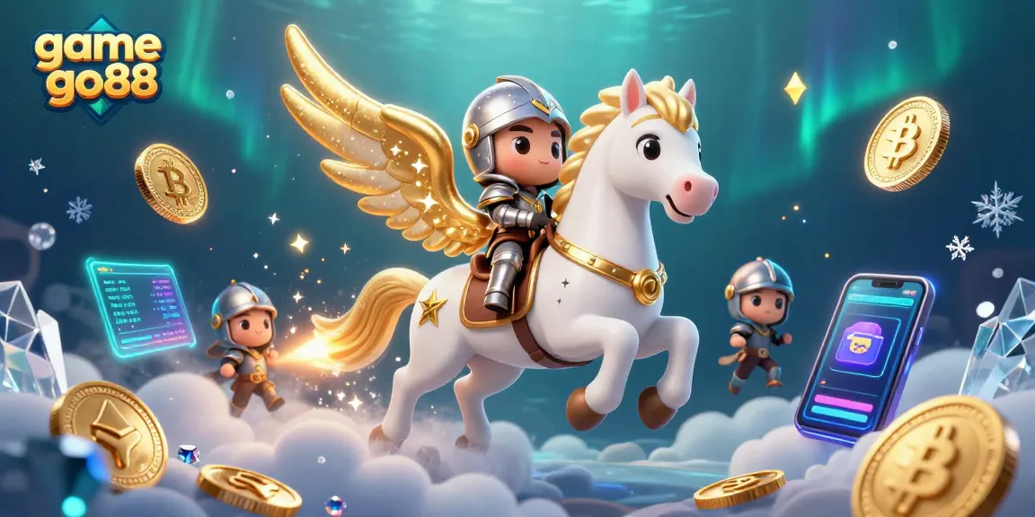 Experience game go88 with thrilling 3D visuals of a celestial horse in a cryptocurrency casino landscape.