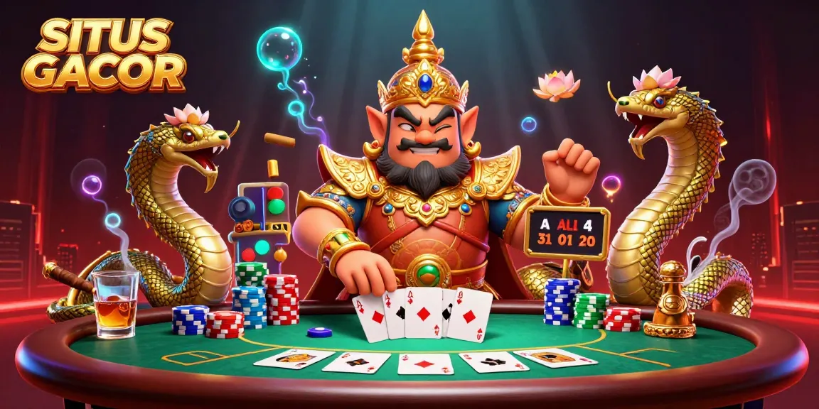 SITUS GACOR showcases dynamic casino action with a vibrant character ensemble around poker elements.