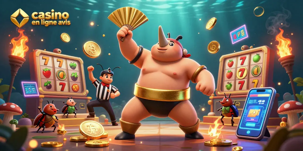Avis de casino en ligne : L'illustration dynamique d'un champion sumo et des jeux de casino innovants.