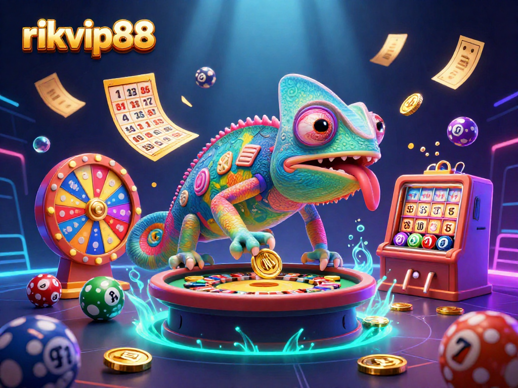 Experience the vibrant world of rikvip88 with a chameleon casino owner and playful lottery elements.