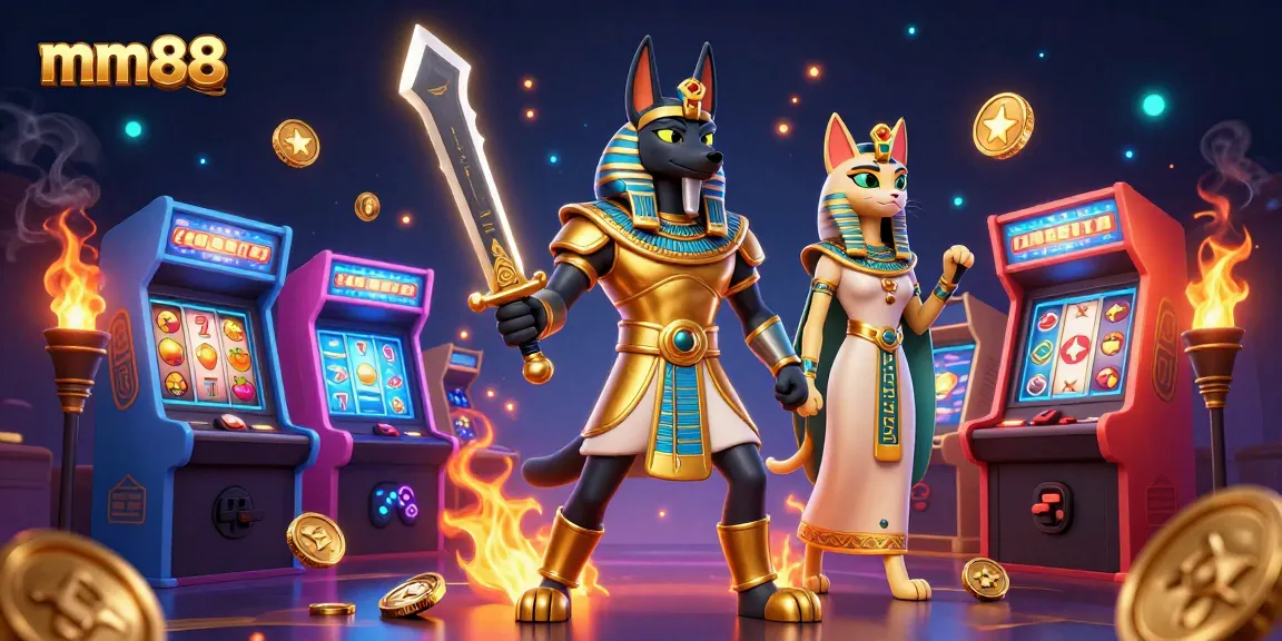 Experience the thrill of mm88 with a vibrant 3D casino scene featuring Anubis, colorful game machines, and glowing elements.