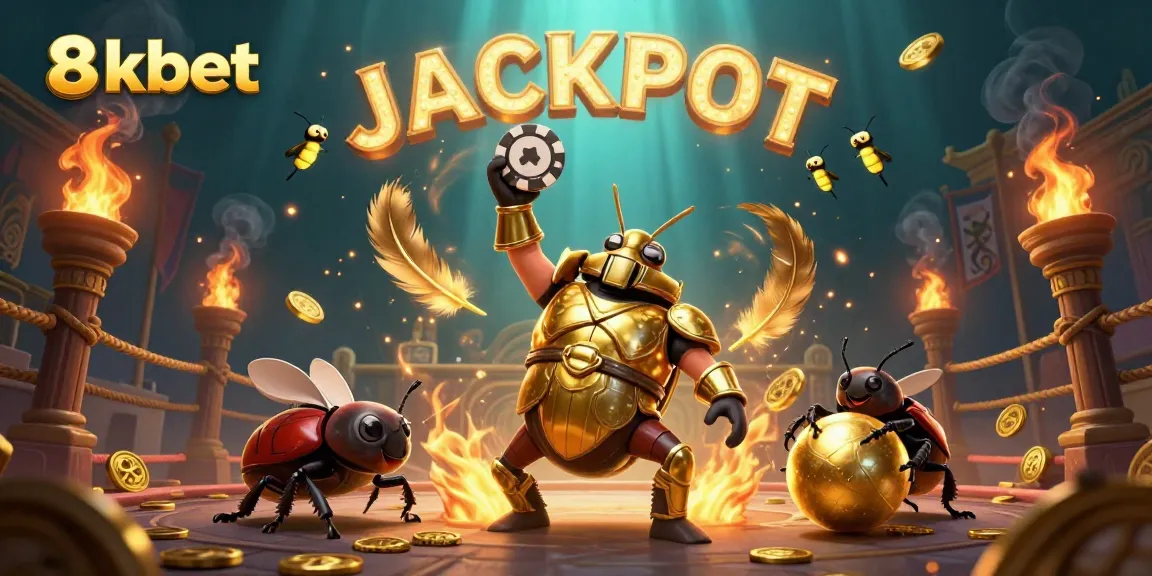 Experience the thrill of 8xbet with a herculean beetle celebrating a big win in this vibrant casino scene.