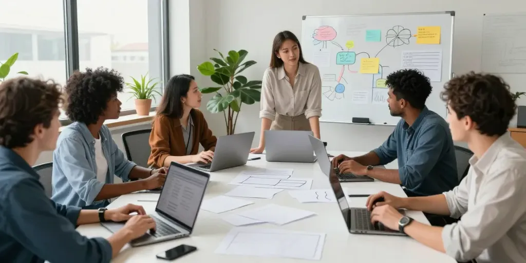 Team brainstorming innovative business ideas in a modern office environment.