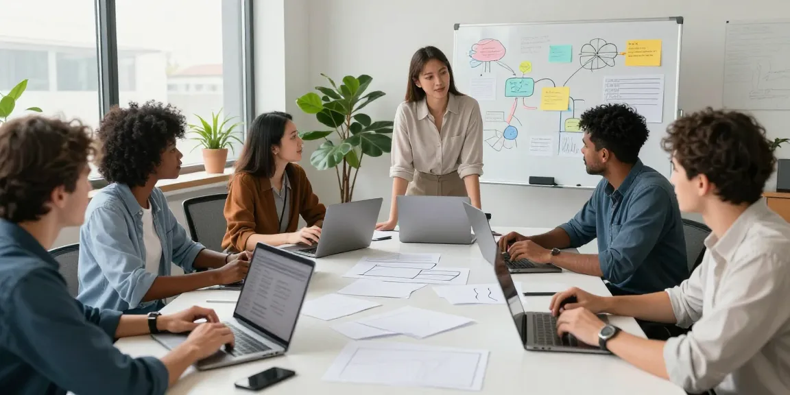Team brainstorming innovative business ideas in a modern office environment.