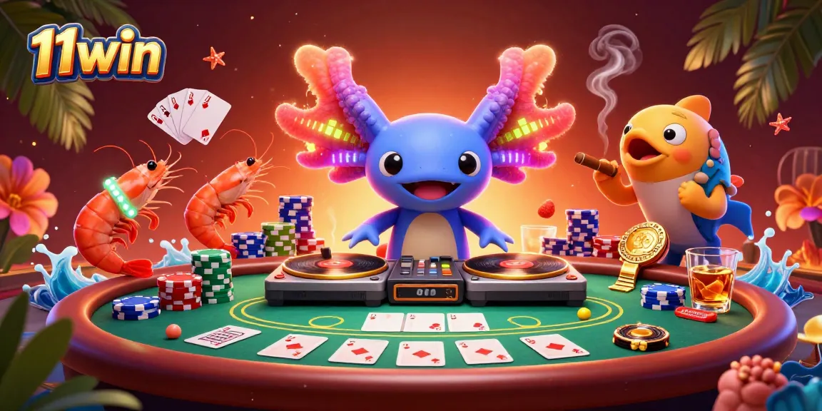 Engage with 11win's thrilling casino scene featuring a dynamic axolotl DJ, poker elements, and a vibrant underwater atmosphere.