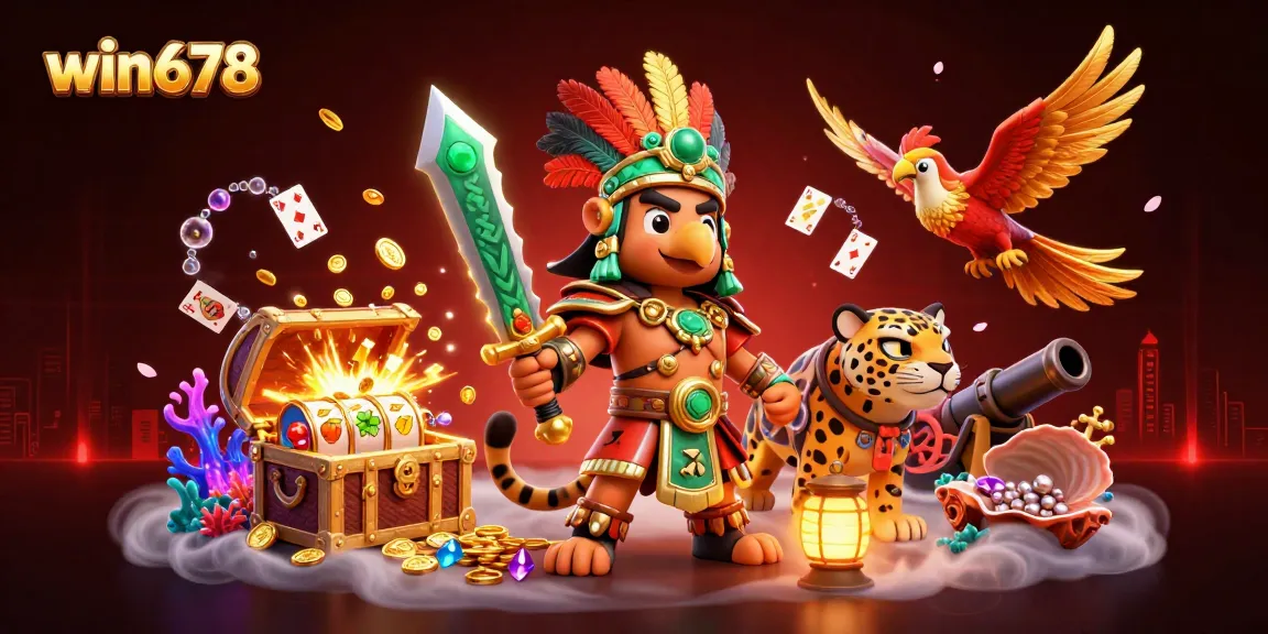 Engage in thrilling slots action with win678's colorful casino illustration featuring vibrant characters.