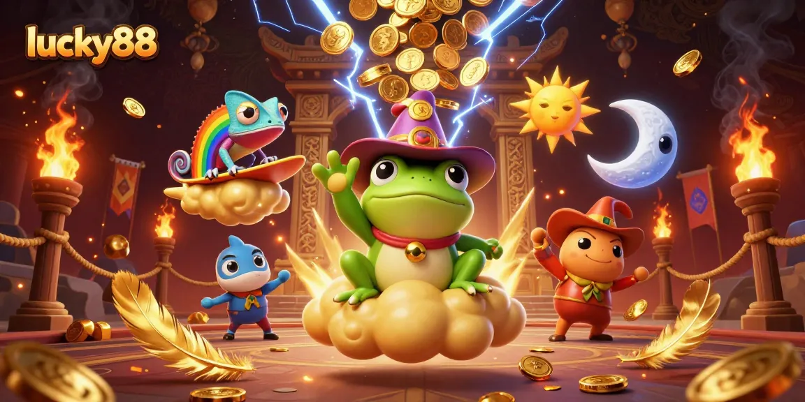 Experience the excitement of lucky88 with a whimsical storm of golden coins and vibrant characters.