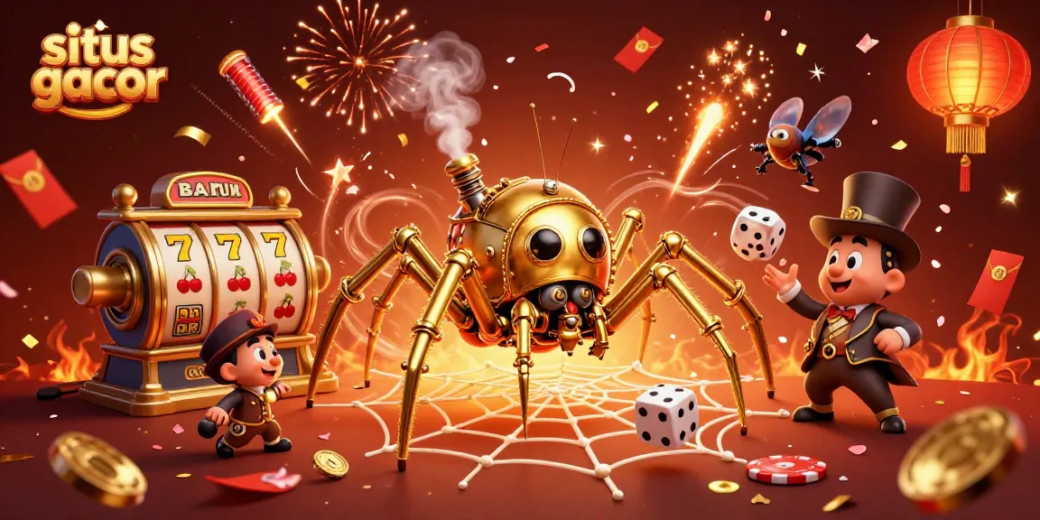 Engage with situs gacor in this vibrant 3D casino scene featuring a steampunk spider and casino symbols.