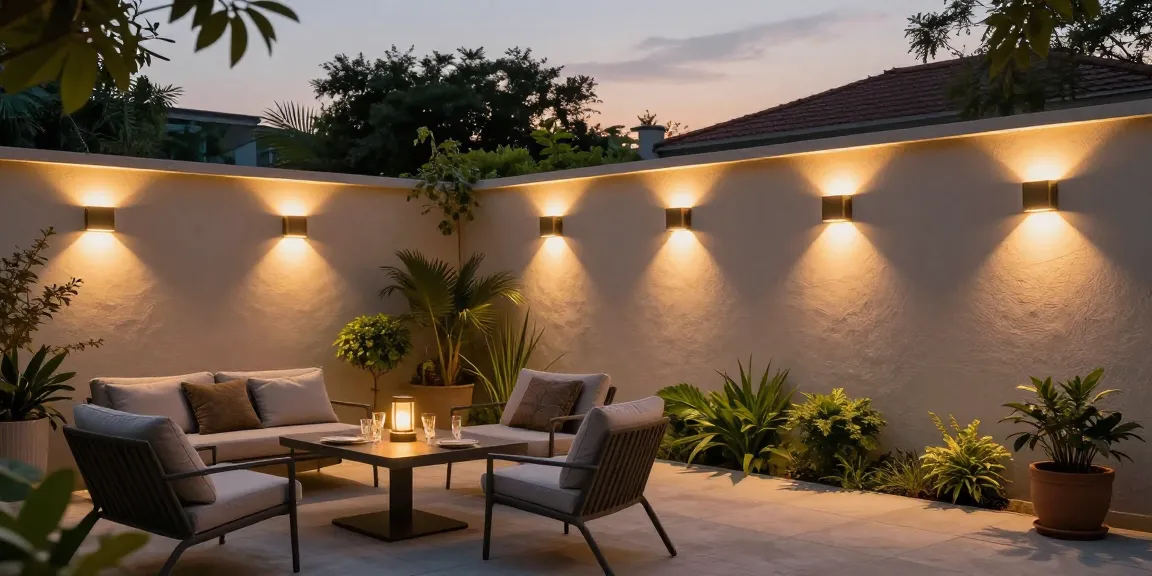 Aplica led exterior montată pe o terasă modernă, iluminând un spațiu de relaxare confortabil.