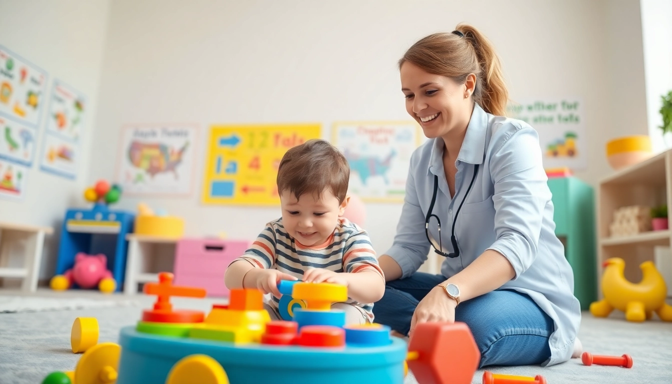 Engaging ABA therapy for kids session with a professional therapist and child in a bright room.