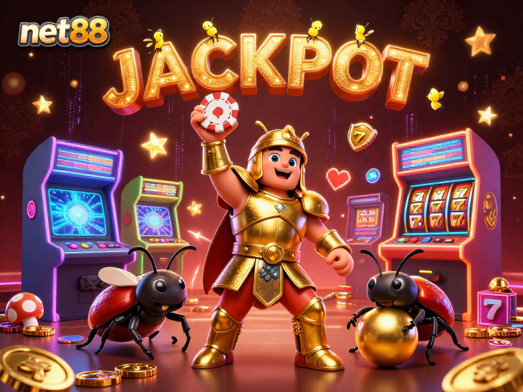 Experience the excitement of net88 with a victorious beetle lifting a poker chip amidst vibrant casino elements.