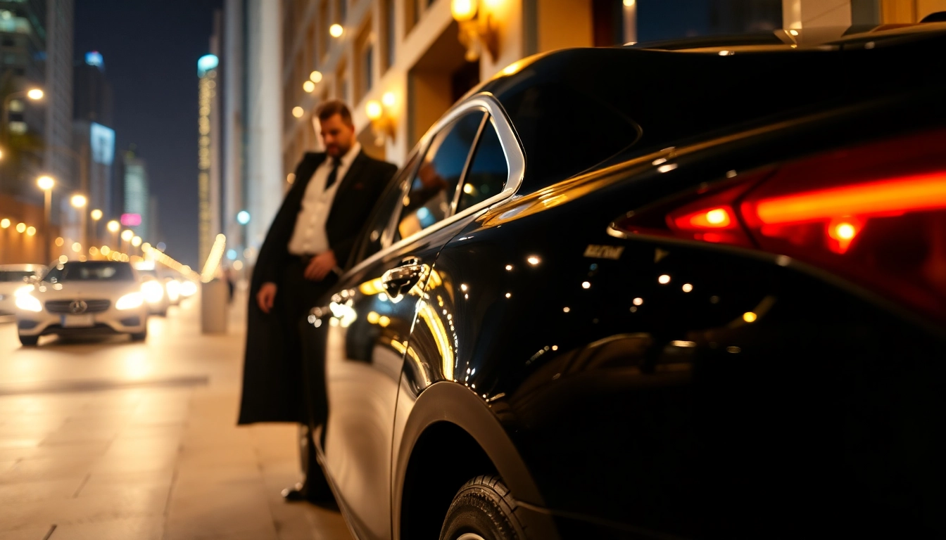 Experience premium black car service with a chauffeur awaiting at a luxury hotel, showcasing elegance.