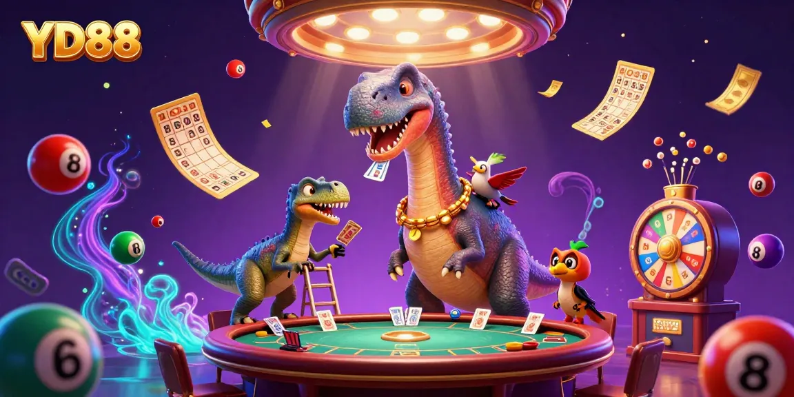YD88 casino illustration showcasing exciting games with unique characters in a vibrant environment