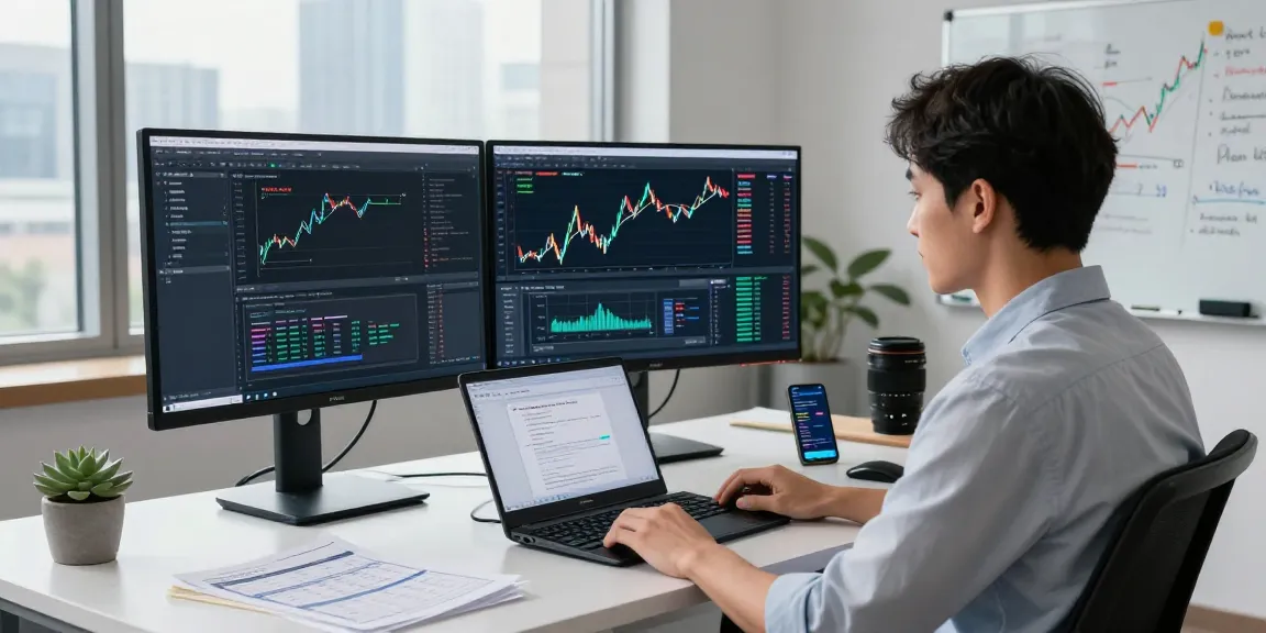 Dynamic workspace showcasing forex high frequency tick API development with live data screens and coding.