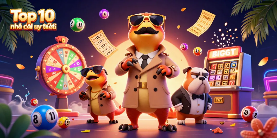 Experience the excitement of Top 10 nhà cái uy tín with vibrant lottery elements and animated characters.