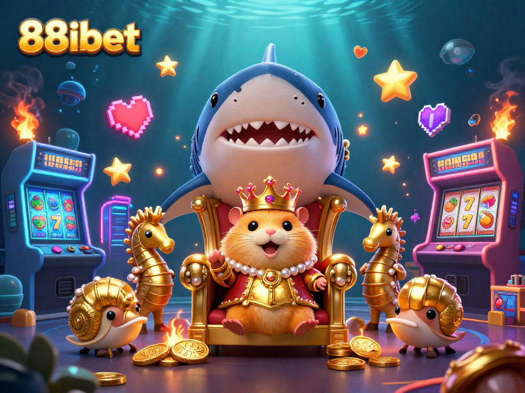 Join thrilling adventures with 88ibet's golden hamster king on his megalodon throne amid vibrant casino elements.