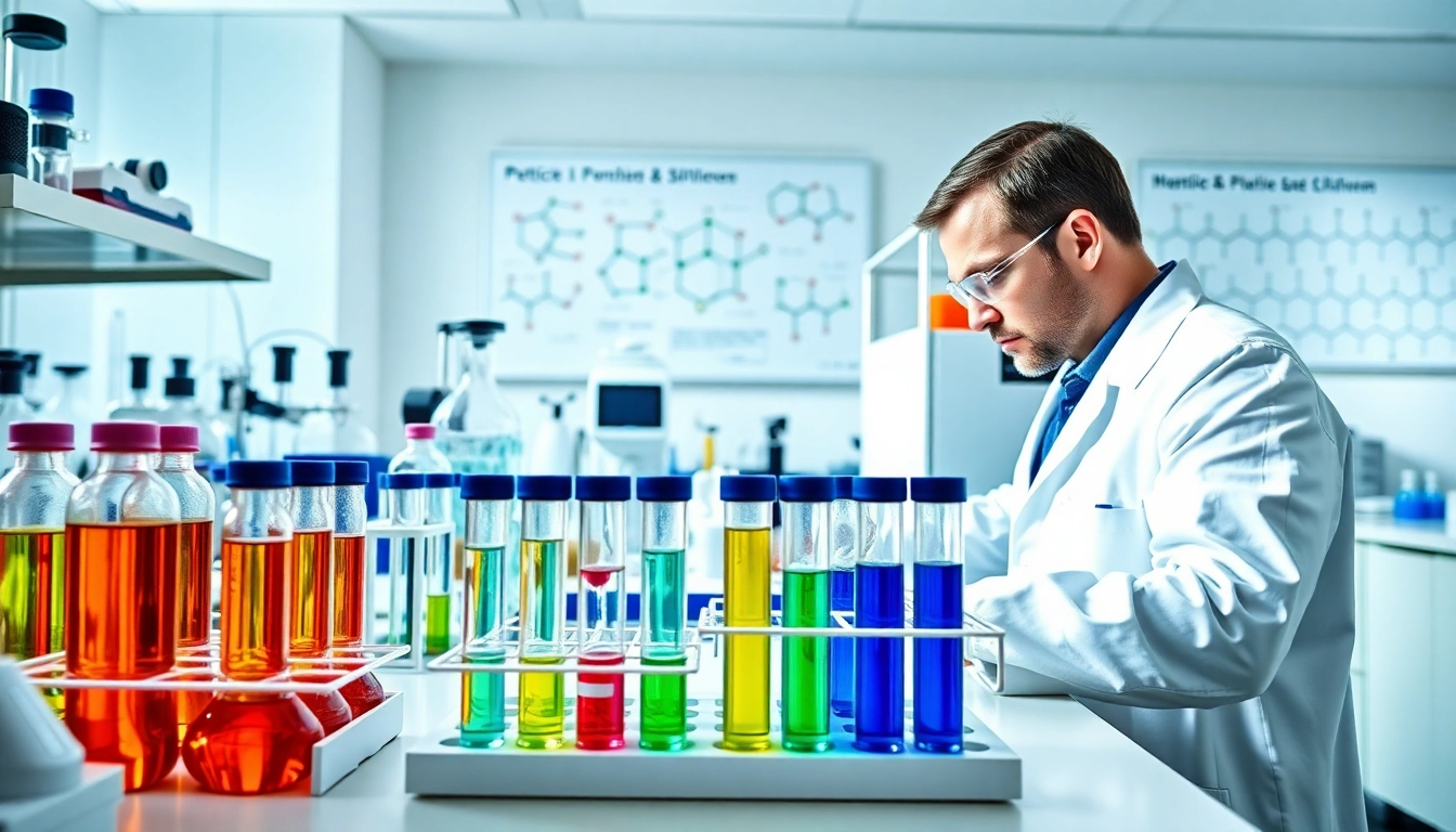 View peptide price list displayed amid vibrant research materials in a lab.