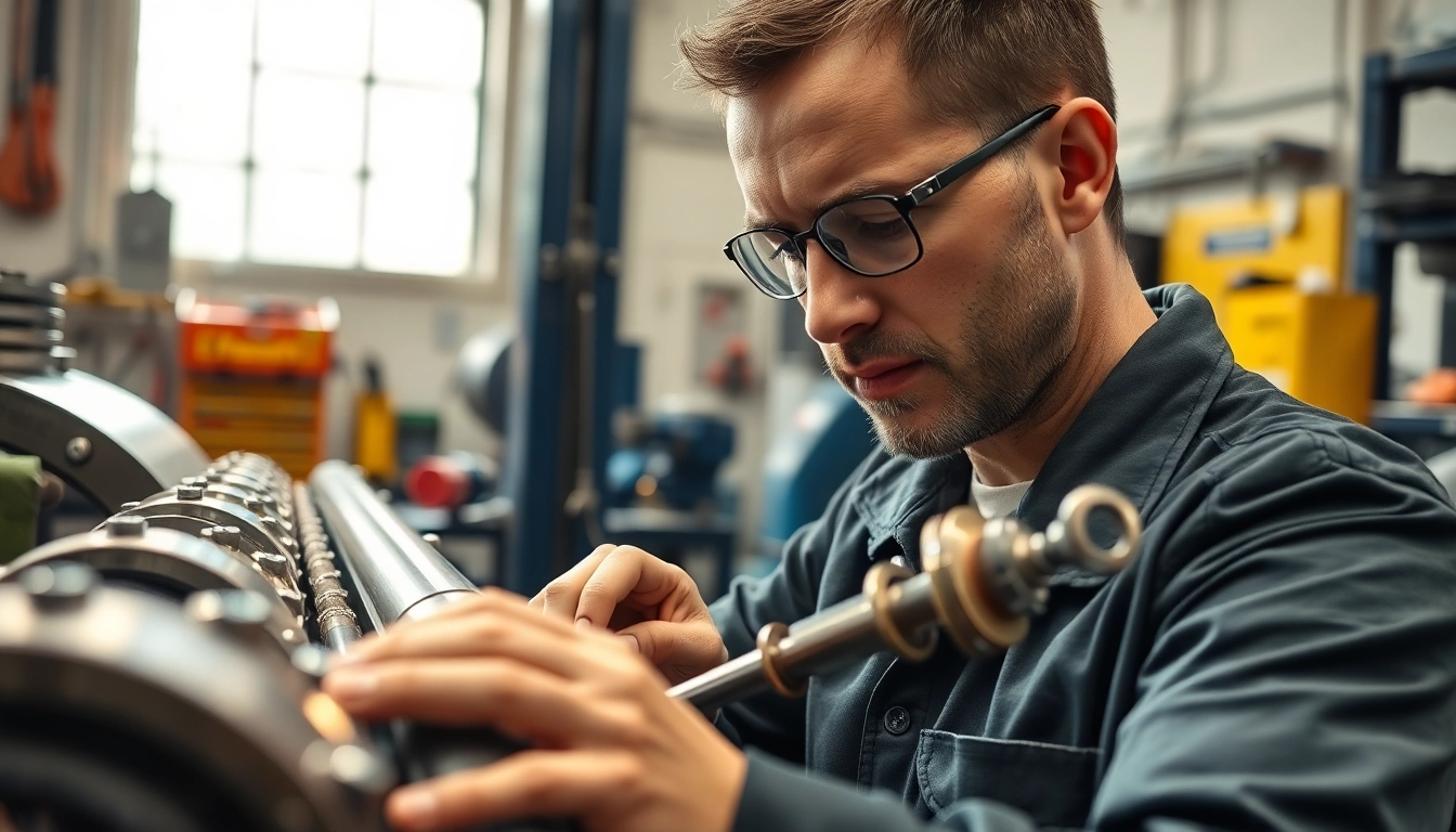 Expert performing hydraulic cylinder repair with precision in a contemporary workshop.