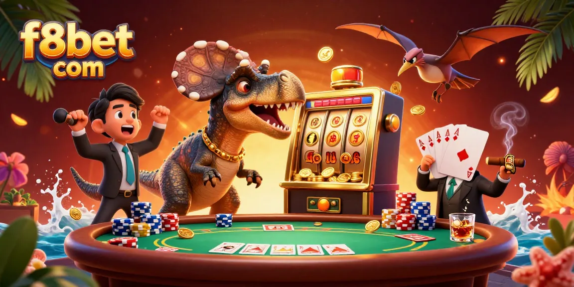 Win big with F8BET com as a pachycephalosaurus celebrates jackpots amidst a vibrant casino scene!