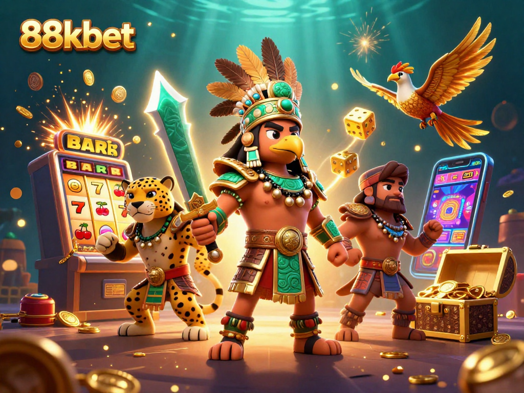 Experience thrilling jackpots and adventure with 88kbet in a dynamic casino illustration.