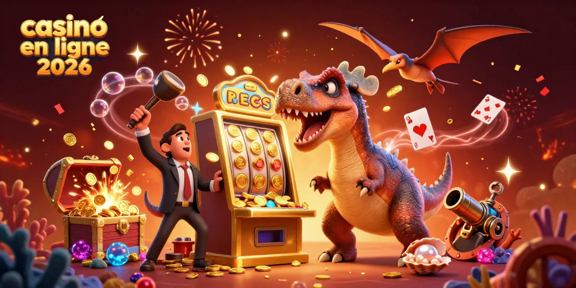 Découvrez la scène dynamique d'un casino en ligne 2026 avec des personnages de dinosaures et une machine à sous.