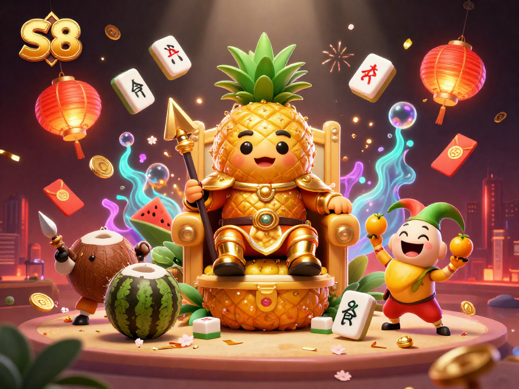 Engage with S8's vibrant casino scene featuring a golden pineapple king amidst stimulating gambling elements.