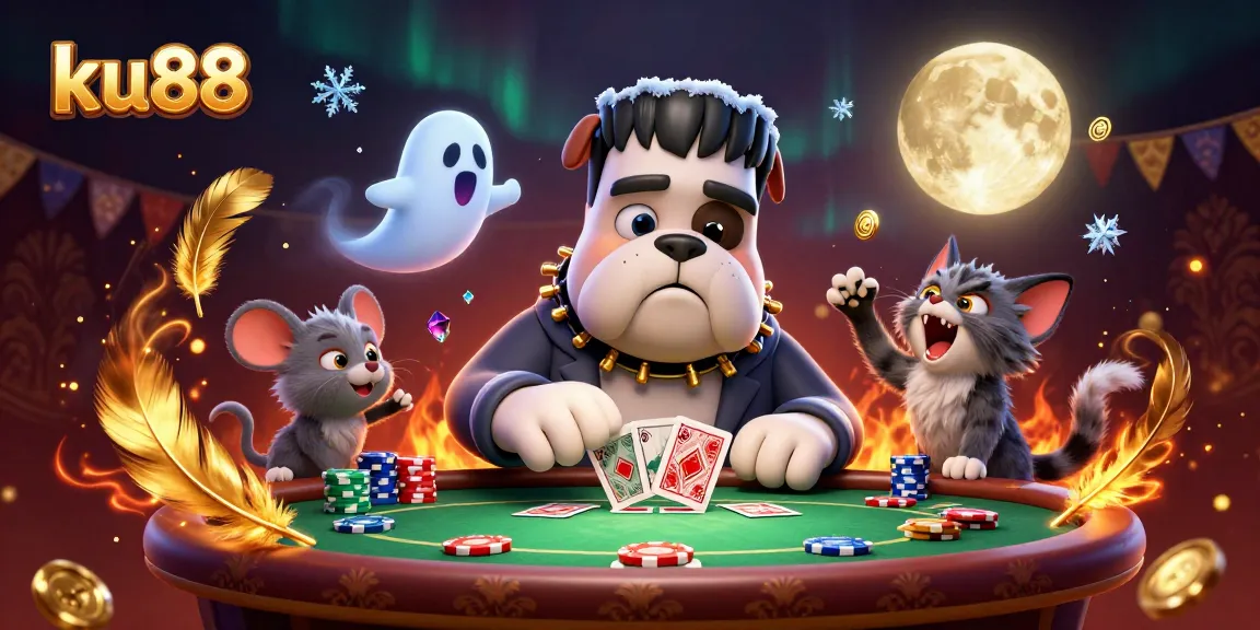 ku88 poker scene with Frankenstein bulldog, ghost mouse, and werewolf kitten, elite card dealer setup