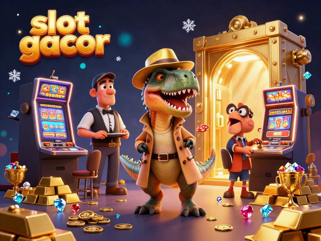 Ilustrasi slot gacor dengan velociraptor dan stegosaurus di kasino, mengintai dan mencuri chip.