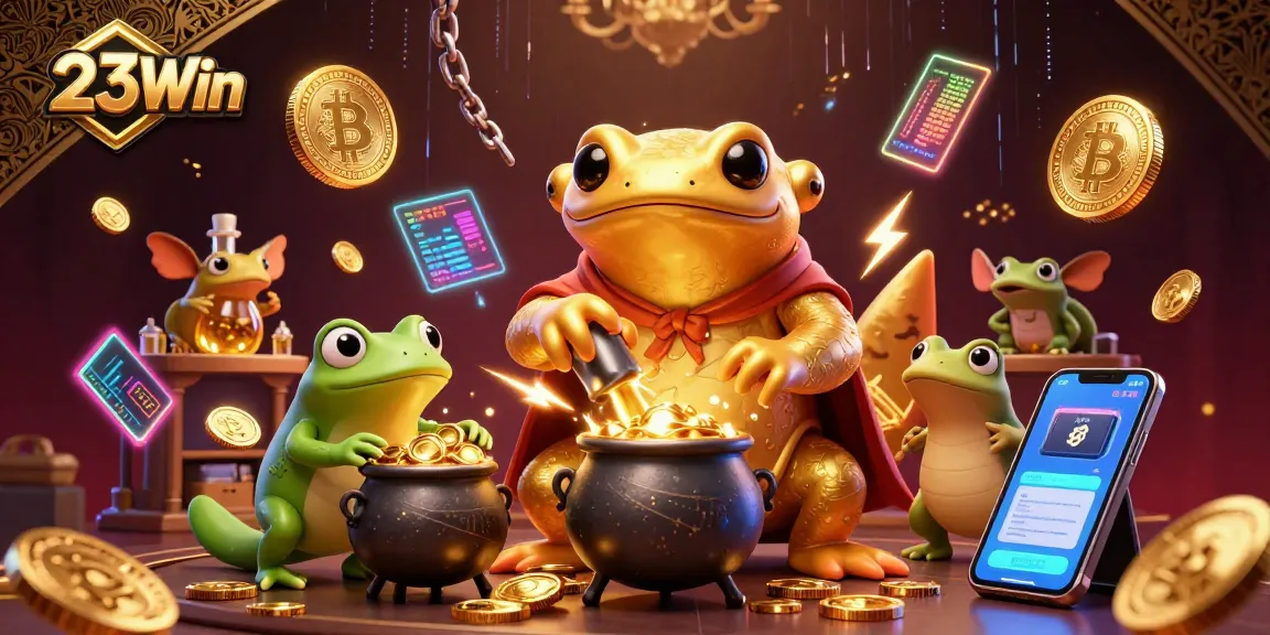 Experience the magical world of 23Win where golden coins and crypto collide in a vibrant casino.