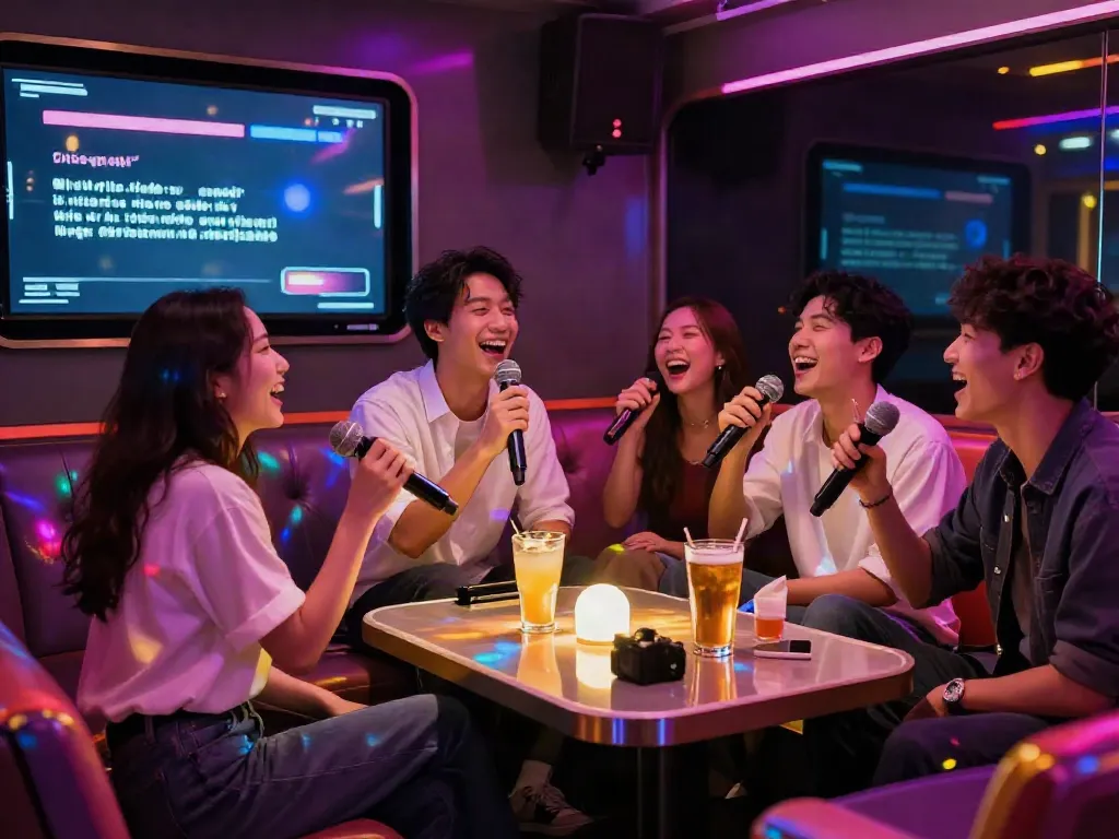 강남 달토에서 친구들과 함께 노래 부르는 모습, daltorabbits.com의 즐거운 분위기를 전달