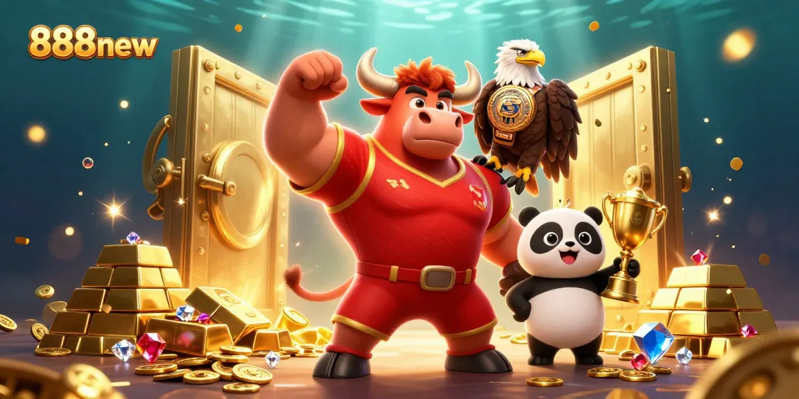 Win big with 888new as a muscular bull mascot celebrates amidst golden treasures and vivid gaming elements.