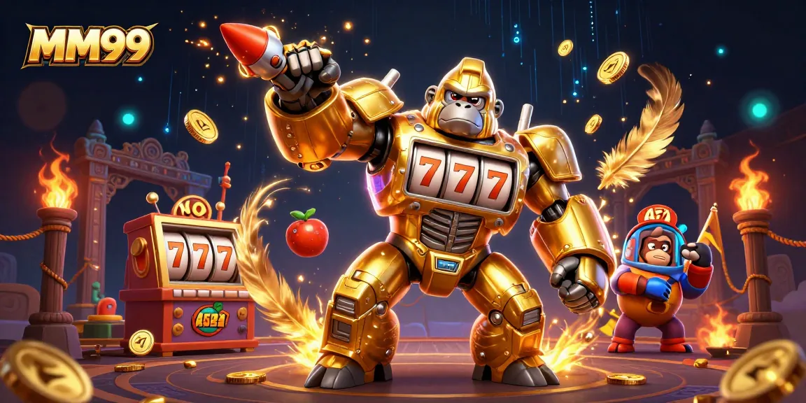 Experience MM99 with a thrilling 3D action scene featuring a golden gorilla mech and slot elements.
