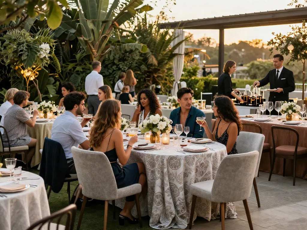 Event furniture rental showcasing stylish outdoor setup with elegant tables and mingling guests at a gala.