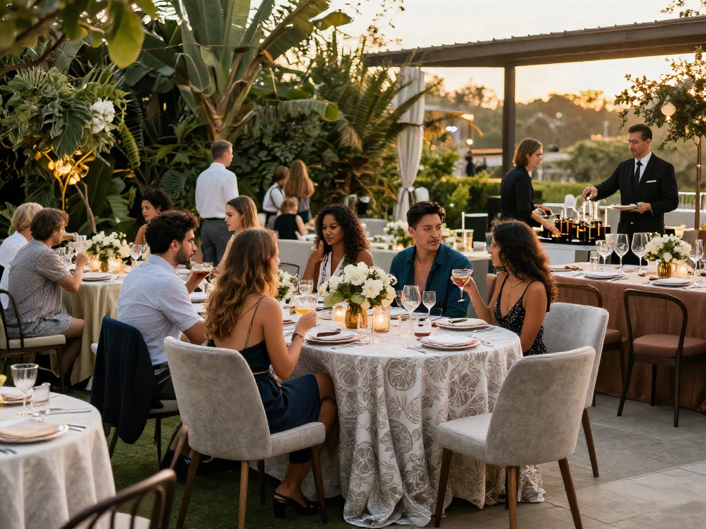 Event furniture rental showcasing stylish outdoor setup with elegant tables and mingling guests at a gala.