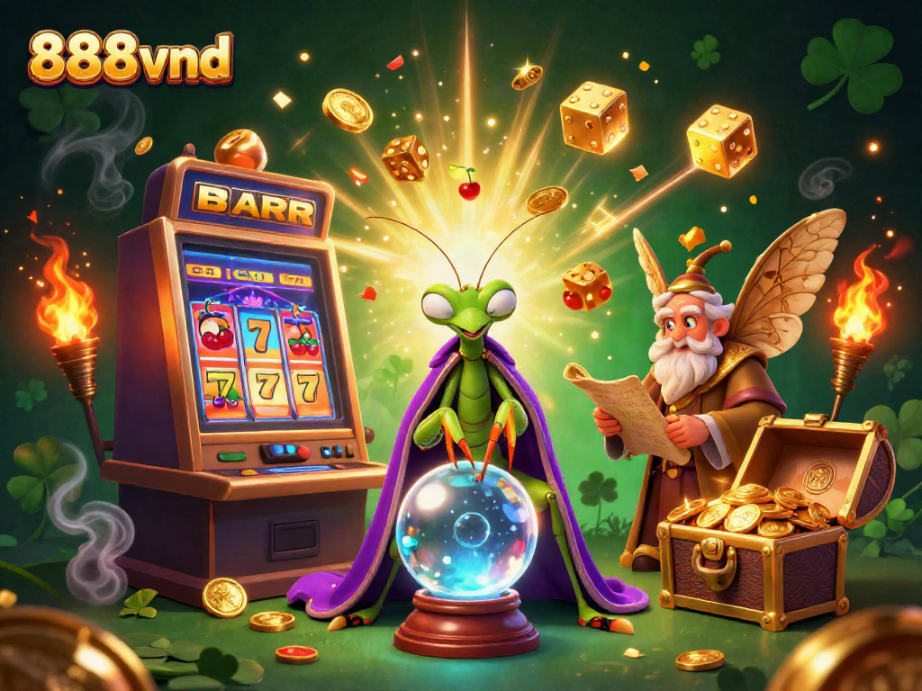 Experience thrilling wins with 888vnd in this vibrant casino-themed illustration.