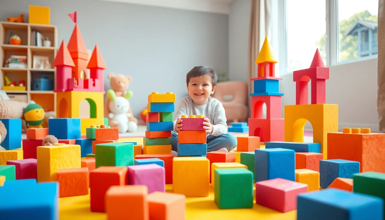 Read more here about a child joyfully stacking soft foam building blocks in a bright playroom.
