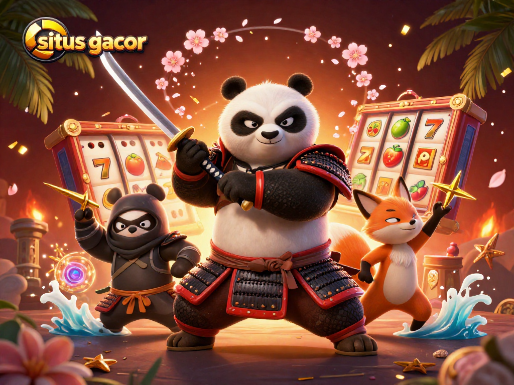Engage with situs gacor as a fierce panda samurai and fox ninja celebrate together over spinning slot reels.