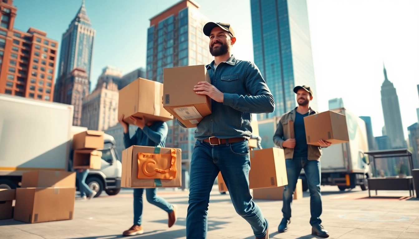 Residential movers NYC transporting boxes efficiently in New York's vibrant environment.