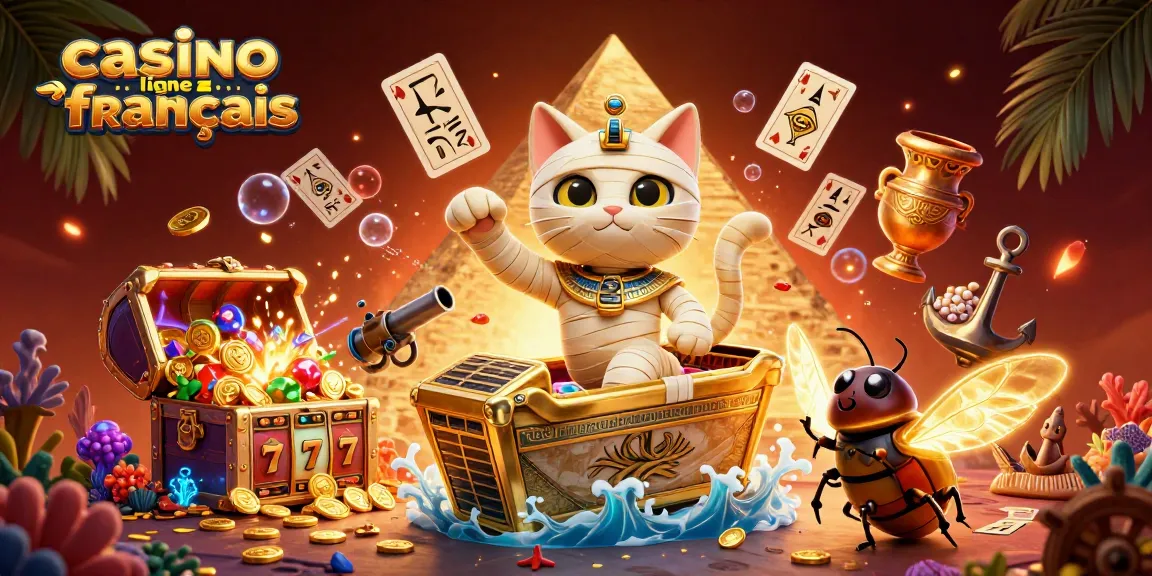 Illustration dynamique d'un casino en ligne français, avec un chat momie et des éléments de jeu captivants.