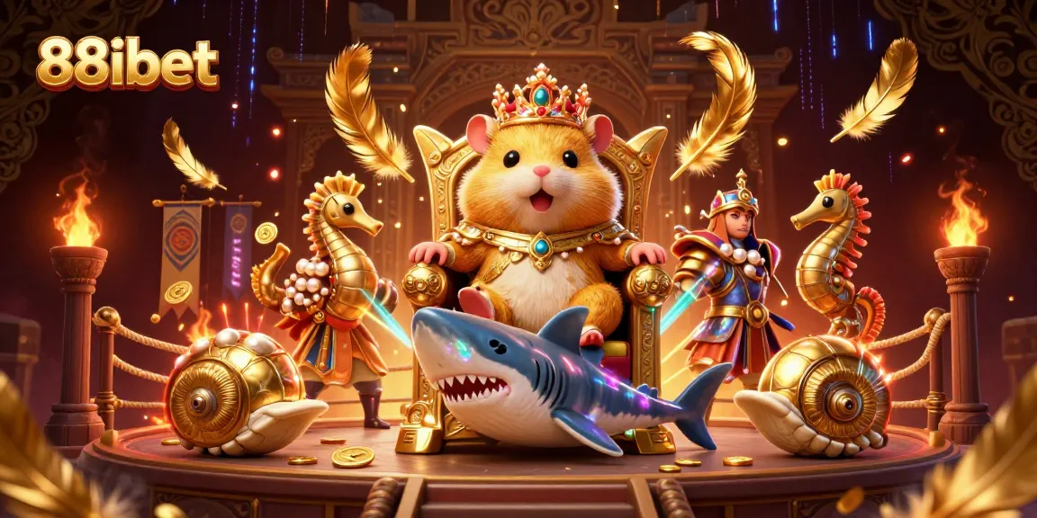 Engage in thrilling gameplay at 88ibet, with a dynamic 3D scene of a golden hamster king in a casino setting.