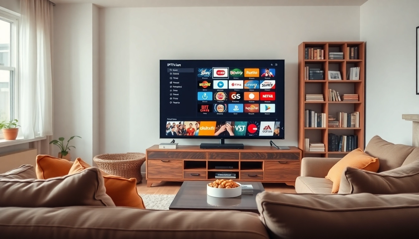 Enjoying IPTV Denmark in a stylish living room with a sleek TV and cozy ambiance.