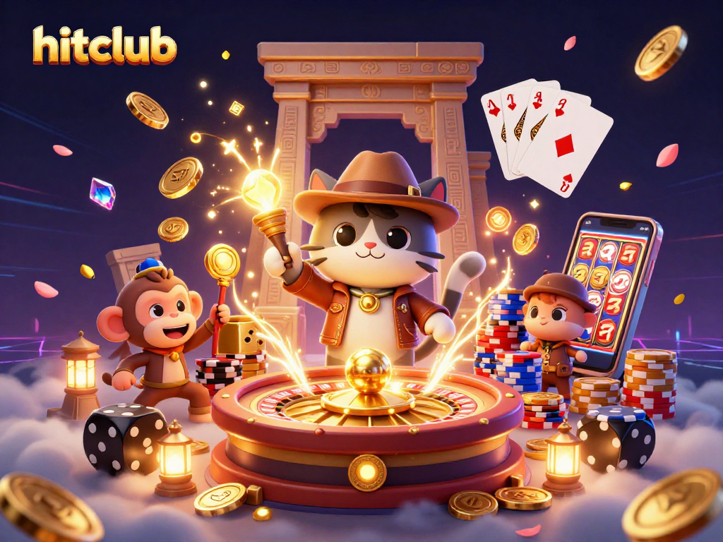 Experience thrilling wins at hitclub with an archaeologist cat and monkey discovering casino treasures.