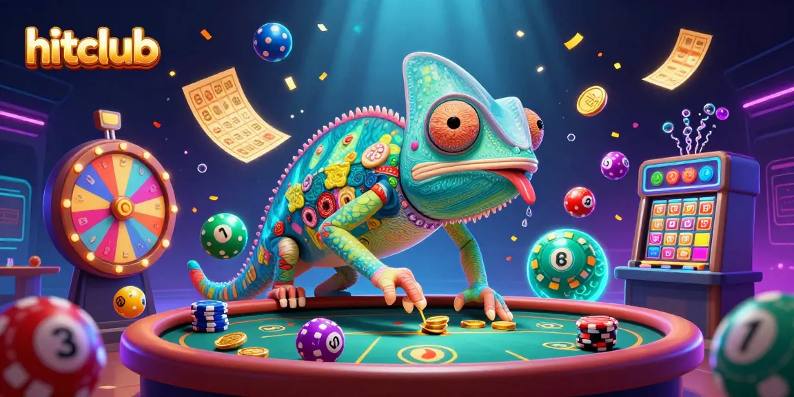 Engage in hitclub with a vibrant casino scene featuring a chameleon owner, lottery balls, and lively prizes.