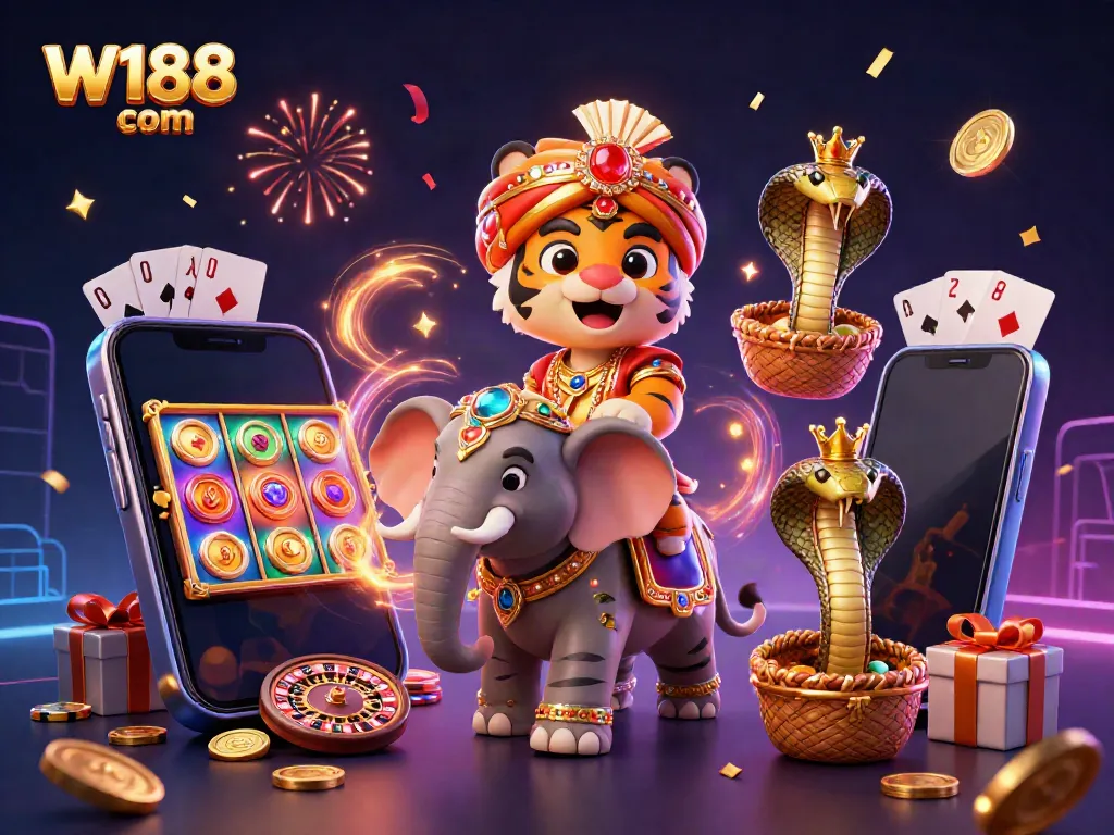 Witness the vibrant world of W188 com as a majestic maharaja tiger rides an elephant amidst thrilling casino elements.